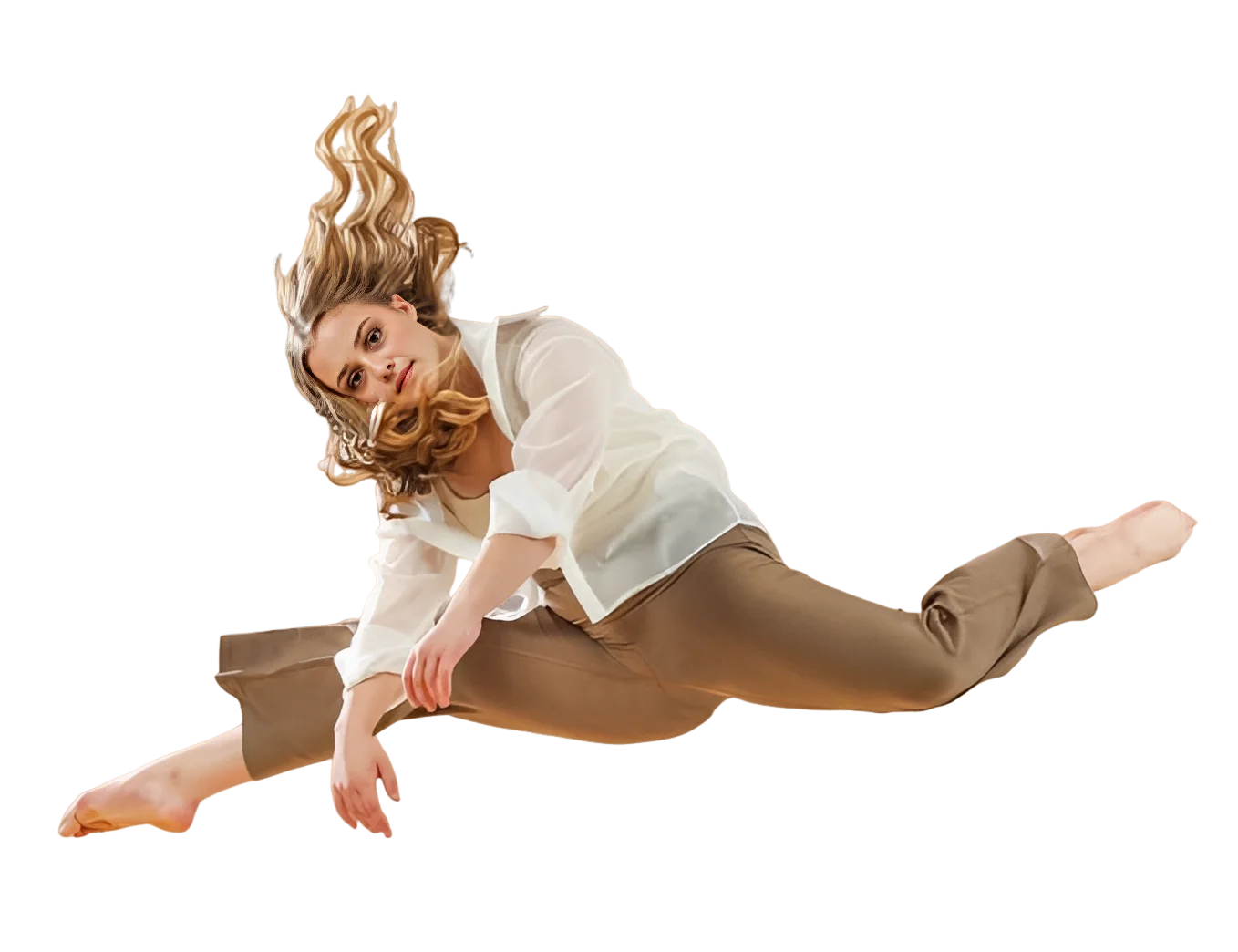 Woman performing split leap mid-air
